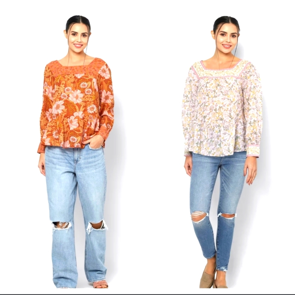 2 TOPS American Eagle Boho Oversized Long Sleeve Square Neck Peasant Blouse 
